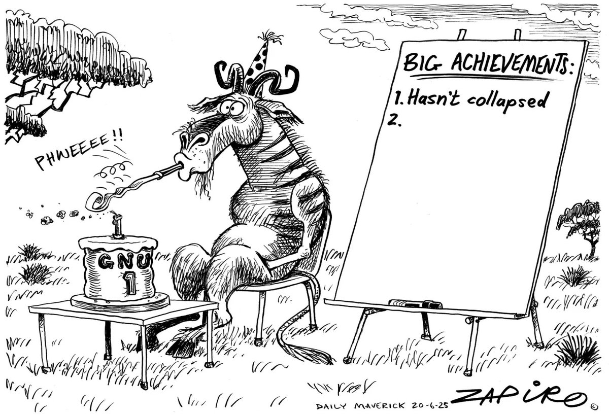 zapiro's tweet image. Zapiro cartoon published on @dailymaverick (20 June 2025) on Party On @CyrilRamaphosa @jsteenhuisen @MYANC @Our_DA - zapiro.com/250620dm