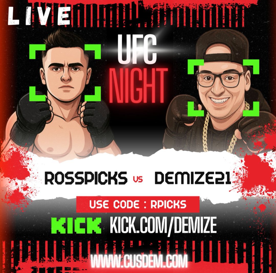 🚨 LIVE NOW 🚨 #UFC 
<a href="/RossPicks/">Ross picks</a> &amp;  <a href="/demize21/">DeMize</a> !! 

All premium parlay on live free
 
✅RT + Comment <a href="/Stake/">Stake.com</a> usernames  
 
GIVEAWAYS ALL STREAM!!💸 💸💸🔔🔔 

🚨FREE UFC PREMIUM PLAYS🚨

 PULL UP NOW - 🔴kick.com/demize

Tap in before the fights start 👊