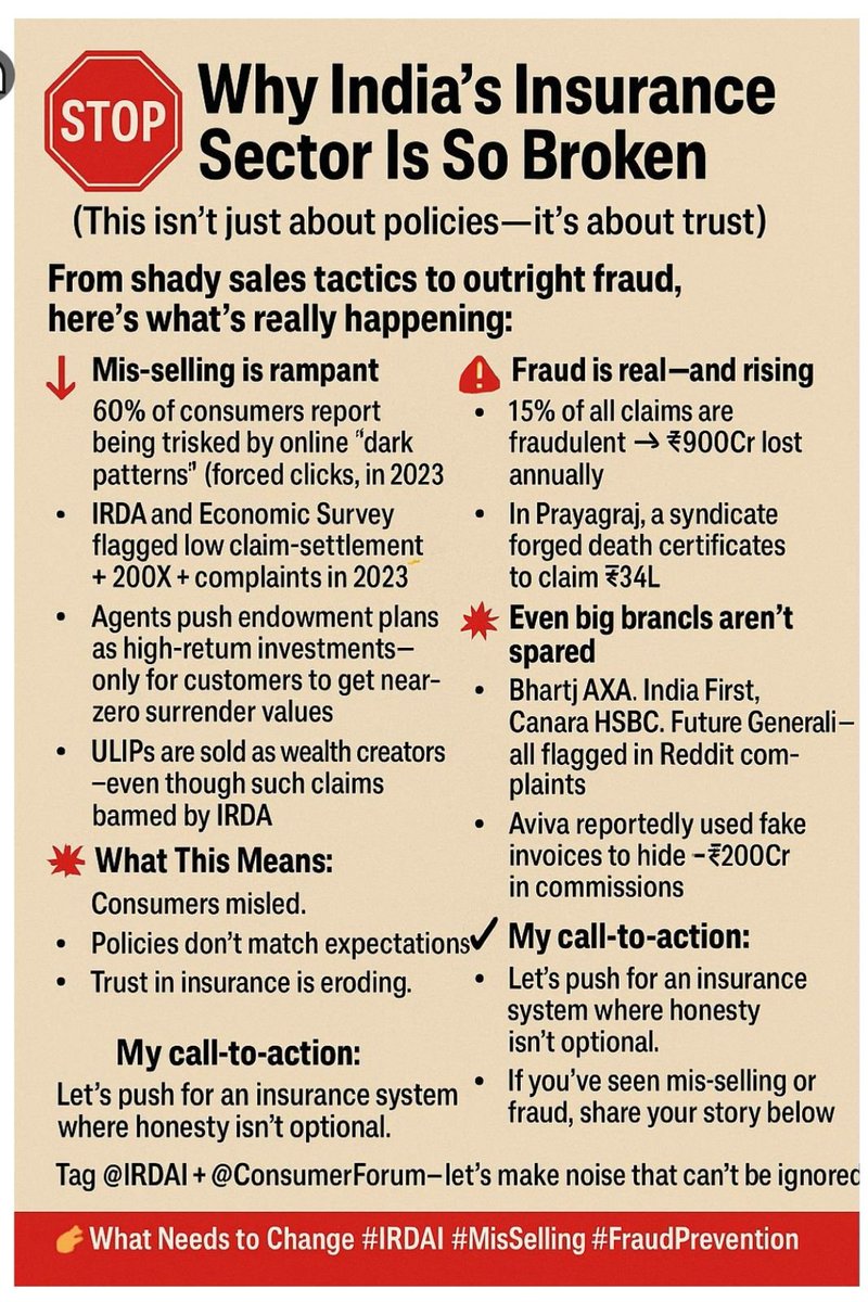 sumitdalmia's tweet image. 🛑 India’s Insurance Sector – Time to Wake Up!
It’s not just about policies anymore... it’s about trust. 🧾💔
Let’s make insurance trustworthy again.

#InsuranceTruth #IRDAI #MisSelling #FraudPrevention #ConsumerRights #InsuranceAwareness #TrustMatters