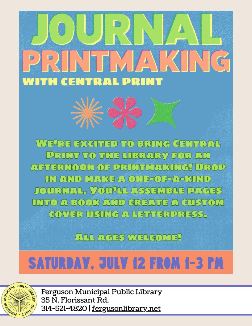 Make a custom journal at Journal Printmaking with us and Central Print! Assemble pages into a book, then create a custom cover using a letterpress. Drop in any time between 1-3 pm on Saturday, July 12 to make your own! All ages welcome.