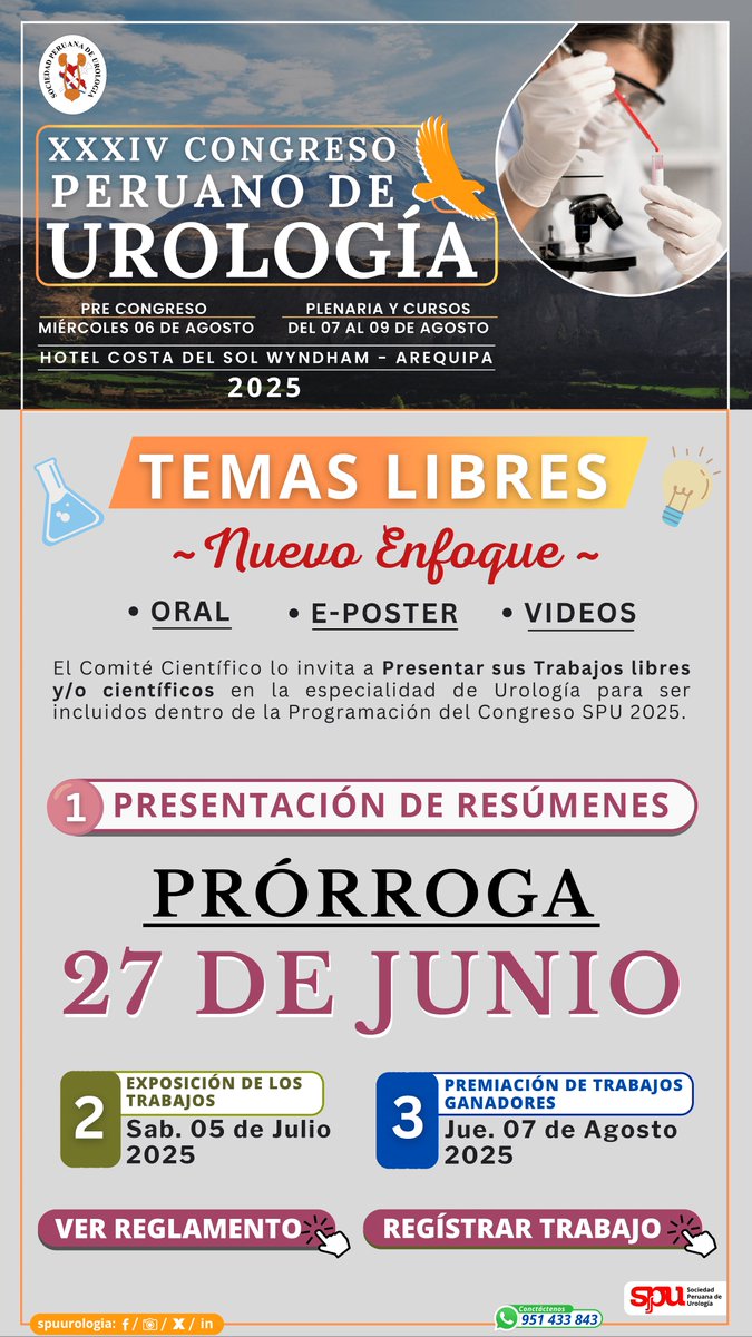 📆 PRÓRROGA 
Viernes 27 Junio - 24:00 horas.

TEMAS LIBRES 🧪👨🏻‍🏫
Nuevo Enfoque 💡

✍🏻 Registrar Tema libre: cutt.ly/TraoF4Vh
📙 Ver Reglamento: cutt.ly/WraoFAol

👨🏻‍🏫 Exposición de Trabajos :
* 05 de Julio

🥇 Premiación de Trabajos Ganadores :
* Jueves 07 de Agosto