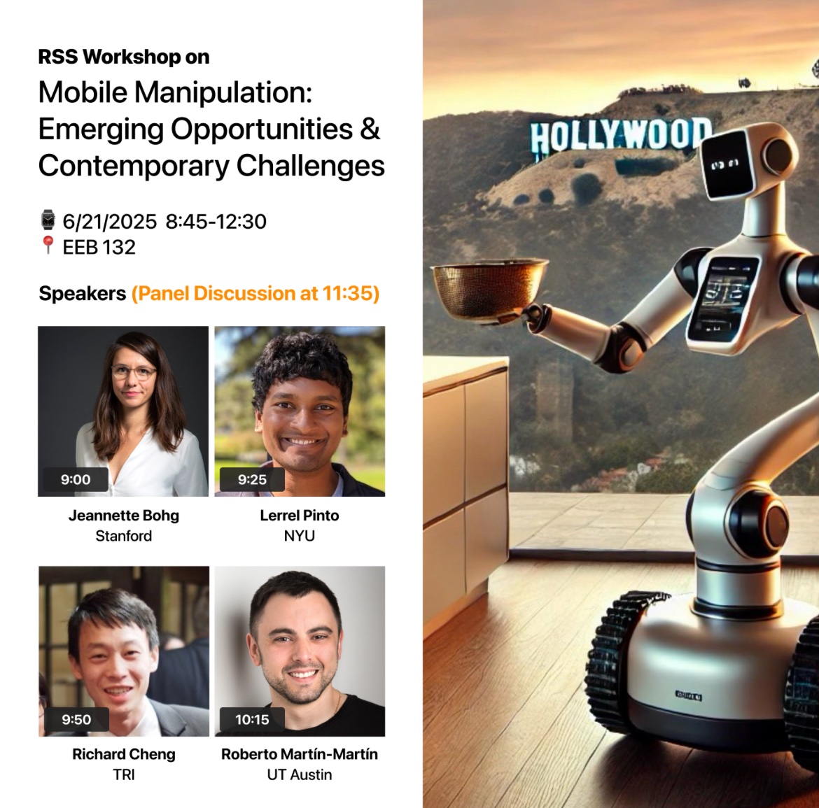 huihan_liu's tweet image. Workshop on Mobile Manipulation in #RSS2025 happening now!! Join us at Hughes Aircraft Electrical Engineering Center, Room 132 if you’re here in person, or join us on Zoom.
Website: rss-moma-2025.github.io
