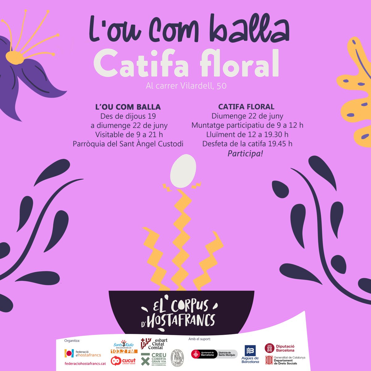 Aquest diumenge vine a ajudar-nos a fer les catifes florals de #Corpus a #Hostafrancs! 🌼🌸💮⛲️

A partir de les 9 del matí convidem a petits i grans a participar en la construcció de 5 catifes florals al carrer Vilardell (davant de Sant Àngel Custodi).

Us hi esperem!👇