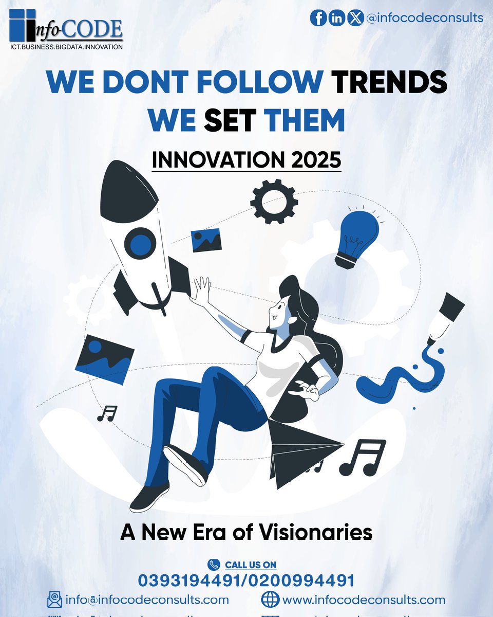We don't follow trends, we set them!
Welcome to #Innovation2025 ,where visionaries thrive.
This is a call to re imagine ICT, Big Data &amp; Business Innovation.
📞 0393194491 / 0200994491
🌐 infocodeconsults.com
#BigData #ICTSolutions #BusinessInnovation #Infocode