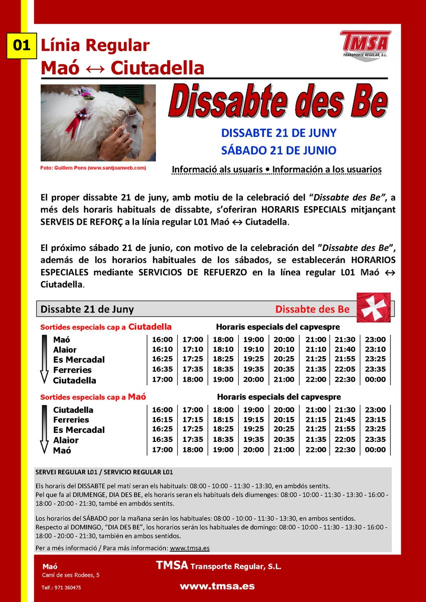 🚌 Hoy, Dissabte des Be, servicios especiales de refuerzo Maó ↔ Ciutadella. Consulta horarios en tmsa.es #avisosTMSA #SantJoan2025