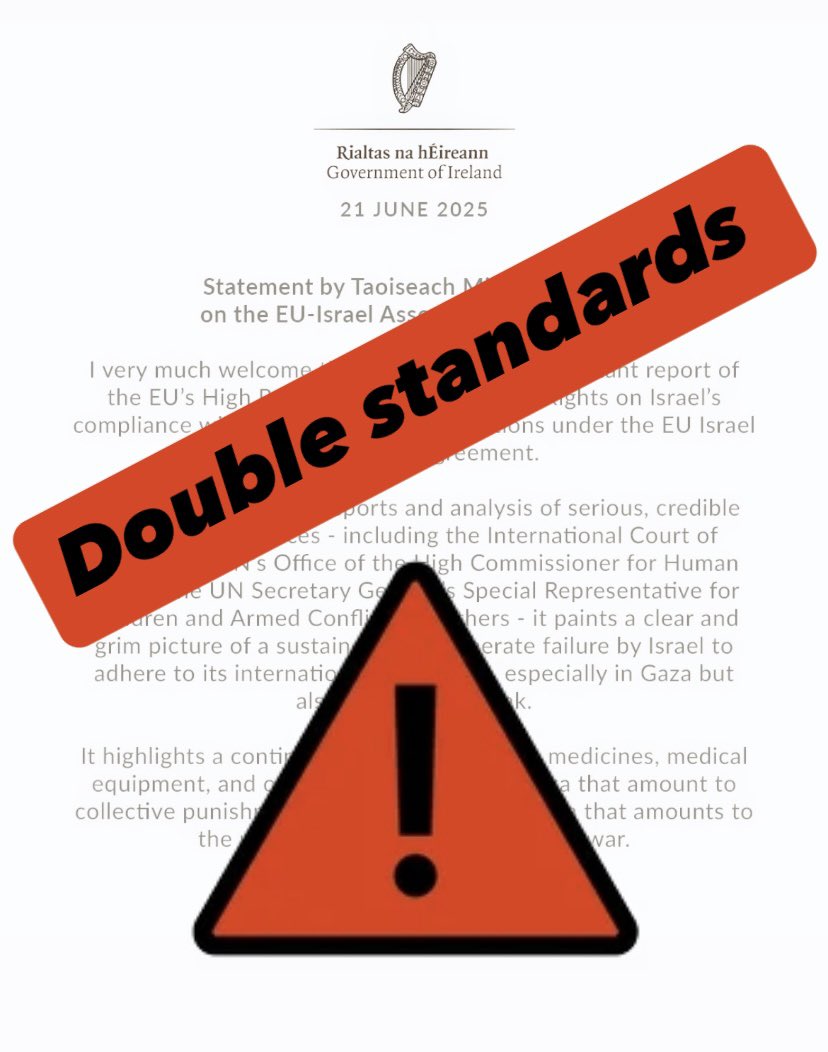 DanaErlich's tweet image. Today’s statements from Irish officials illustrate, yet again, their double standards concerning Israel.
When was the last time Ireland called to review an Association Agreement? If alleged human rights violations are the concern, has it done so with non democratic countries in…