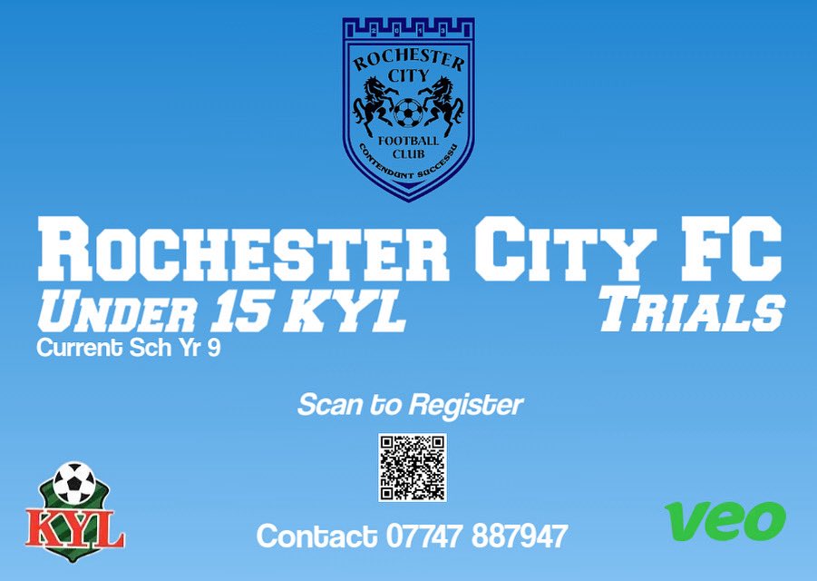 Rochester City FC (@rochester_city) on Twitter photo PLAYER RECRUITMENT…
Kent Youth League Under 15
Looking to add talented individuals looking to progress their games to our already talented squad.
New Experienced KYL Management Team.
Veo Analysis
Pathway into Senior Football
Scan the QR Code in poster
<a href="/KentYouthLeague/">KentYouthLeague</a> PLAYER RECRUITMENT…
Kent Youth League Under 15
Looking to add talented individuals looking to progress their games to our already talented squad.
New Experienced KYL Management Team.
Veo Analysis
Pathway into Senior Football
Scan the QR Code in poster
<a href="/KentYouthLeague/">KentYouthLeague</a>