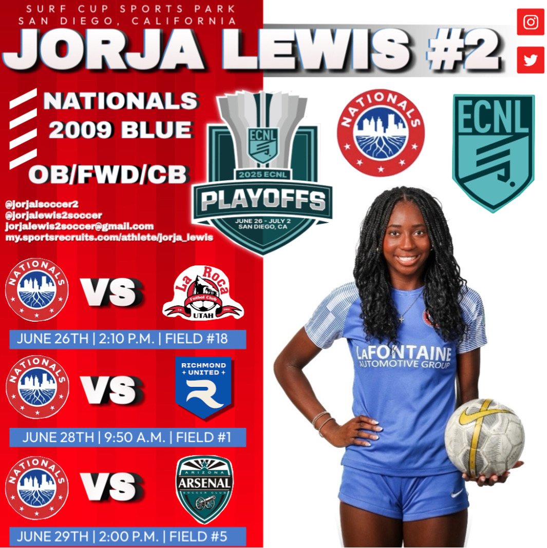 JorjaLewis2Soccer (@jorjalsoccer2) on Twitter photo I'm super excited to be heading out to the <a href="/ECNLgirls/">ECNL Girls</a> playoffs next week with my <a href="/09NationalsBlue/">Nationals 09 Blue ECNL</a> team. Looking forward to seeing some coaches on the sidelines. <a href="/CoachDR7/">David Robertson</a> <a href="/TopDrawerSoccer/">TopDrawerSoccer</a> <a href="/TheSoccerWire/">SoccerWire</a> <a href="/PrepSoccer/">Prep Soccer ⚽️</a> <a href="/ImYouthSoccer/">ECNL/GA/Recruiting/College Soccer</a> <a href="/ImCollegeSoccer/">College Soccer Truth ™</a> <a href="/wearesoccer_mi/">We Are Soccer Michigan</a> <a href="/wearesoccershow/">We Are Soccer ⚽️</a> I'm super excited to be heading out to the <a href="/ECNLgirls/">ECNL Girls</a> playoffs next week with my <a href="/09NationalsBlue/">Nationals 09 Blue ECNL</a> team. Looking forward to seeing some coaches on the sidelines. <a href="/CoachDR7/">David Robertson</a> <a href="/TopDrawerSoccer/">TopDrawerSoccer</a> <a href="/TheSoccerWire/">SoccerWire</a> <a href="/PrepSoccer/">Prep Soccer ⚽️</a> <a href="/ImYouthSoccer/">ECNL/GA/Recruiting/College Soccer</a> <a href="/ImCollegeSoccer/">College Soccer Truth ™</a> <a href="/wearesoccer_mi/">We Are Soccer Michigan</a> <a href="/wearesoccershow/">We Are Soccer ⚽️</a>