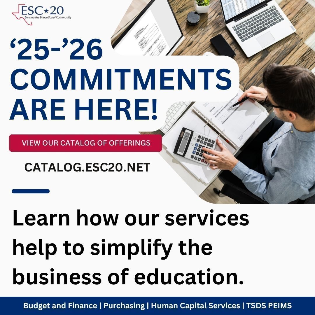 Commitments for the '25-'26 school year have arrived! Learn how our services help to simplify the business of education. Budget and Finance | Purchasing | Human Capital Services | TSDS PEIMS View our catalog of offerings: buff.ly/5Rp2WBY