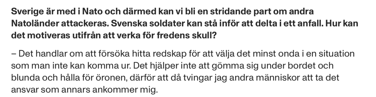 Mycket bra intervju med ärkebiskop Martin om försvarsfrågorna. Det är ingen större tvekan om den moraliska kompassen och behovet av att stå upp för det goda mot det onda.

aftonbladet.se/nyheter/a/EyP9…