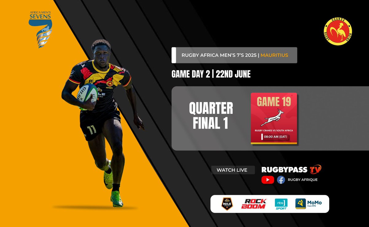 Uganda_Sevens's tweet image. Game Day 2 Fixture 🇺🇬🇺🇬🇺🇬
Rugby Africa Men’s 7s 2025
📍Mauritius
Game 19 | Quarter Final 1
Rugby Cranes 7s vs South Africa