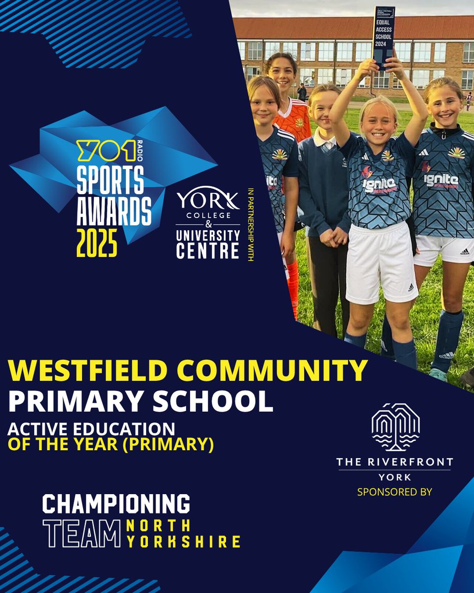 🎉 🌟 Our second winners of the evening are Westfield Primary School! 🌟 🎉

Westfield Primary School has won our Active Education of the Year award sponsored by The Riverfront York

Thanks to our partner @york_College . 
#YO1SportsAwards #TeamNorthYorkshire