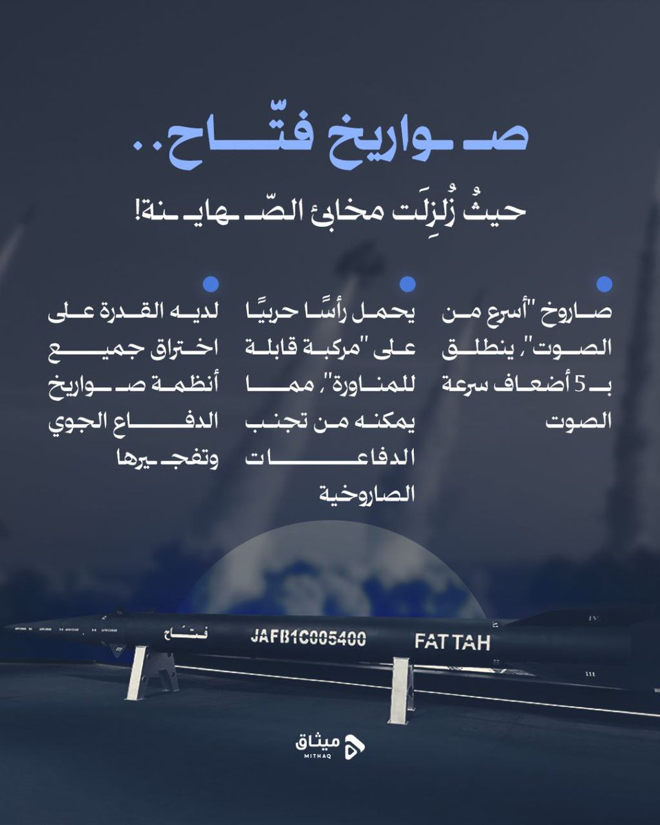 "صـ ـواريخ فتّـــ ــاح..
حيثُ زُلزِلَت مخابئ الصّـ ـهايـ ـنة!"

صـ ـاروخ يناور كل أنظمة الدفاع الجوي ويفـ.ـجرها تعرف عليه أكثر!

#إيران
#الوعد_الصادق٣

🇮🇷