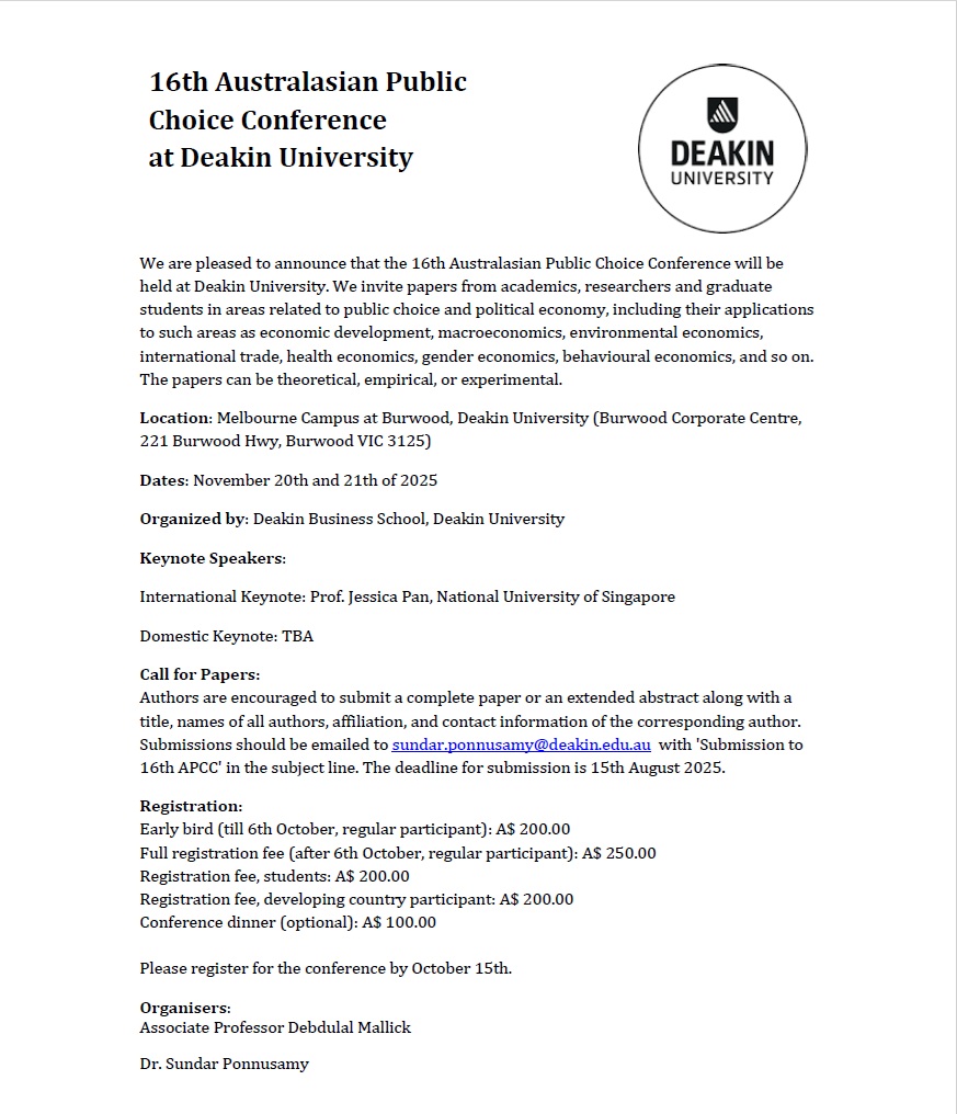 theEPCS's tweet photo. This is the call for  papers for the 16th Australasian Public Choice Conference, to be held at  Deakin University on 20th-21st November 2025. https://t.co/RPtGA16Y4b