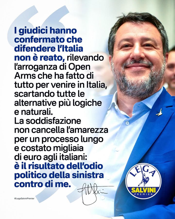 Salvini: “I giudici hanno confermato che difendere l’Italia non è reato, rilevando l’ostinazione e l’arroganza di Open Arms che ha fatto di tutto per venire in Italia, scartando tutte le altre alternative che erano più logiche e naturali. 
La… facebook.com/69670650201936…
