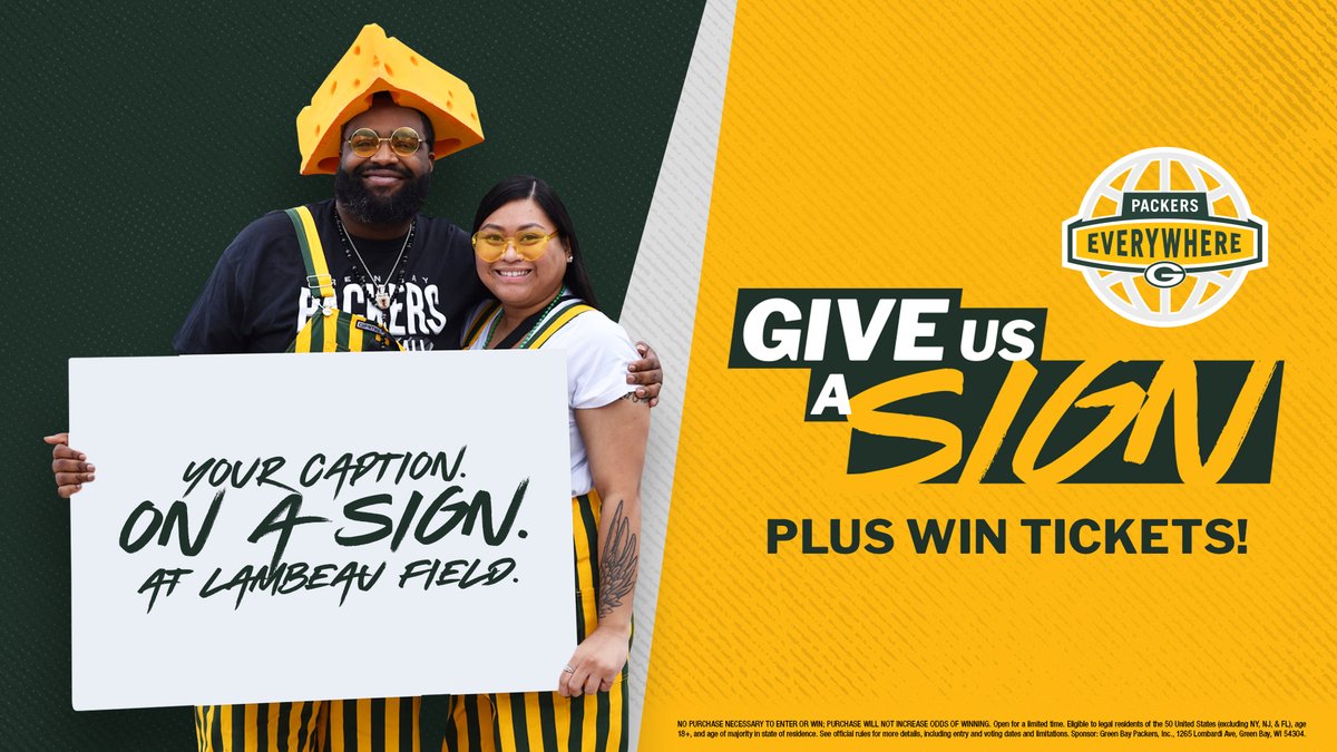 packeverywhere's tweet image. It's your time to shine 😎
Submit your clever caption for a gameday sign at @LambeauField ⬇️
➡️ packerseverywhere.com/give-us-a-sign