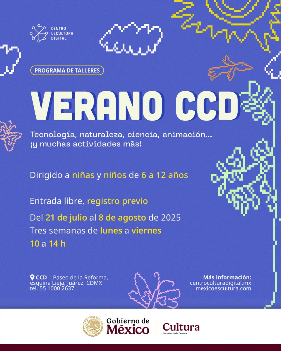 ✨ ¡Verano CCD 2025 está por comenzar!
Tecnología, naturaleza, ciencia, animación… ¡y más!
Del 21 de julio al 9 de agosto, niñas, niños y niñes de 6 a 12 años están invitadxs a vivir 3 semanas llenas de talleres presenciales donde podrán jugar y crear.

centroculturadigital.mx/actividad/vera…