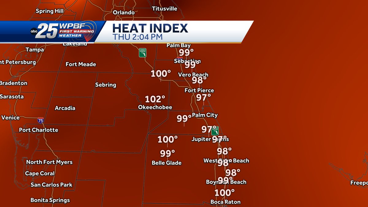 Western Palm Beach County, now in a Severe Drought instead of an Extreme Drought thanks to inland rainfall totals.
Showers and a few strong storms today.
Feeling like the upper 90s and low 100s today.
Today's Weather