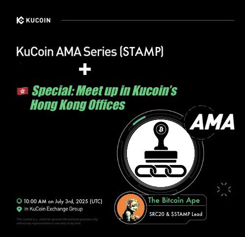 KuCoin <a href="/kucoincom/">KuCoin</a> will host an EPIC X-Space AMA (Ask Me Anything) with  @theapebitcoiner as the main speaker! 

🙉 Get ready to dive deep into the game-changing SRC-20 Bitcoin token standard &amp; the $STAMP token! 💮

📅 When? 
Thursday, July 3rd, 10:00 AM UTC  

🎙️ What? All things