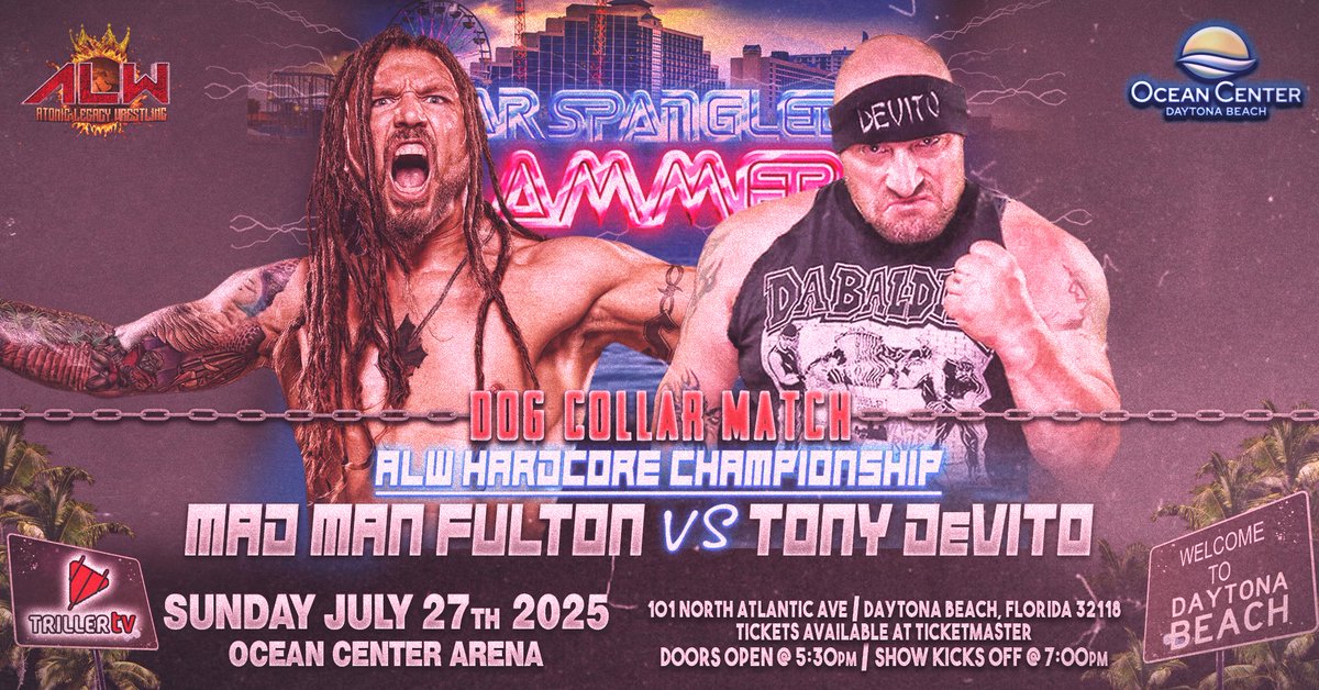 Atomic Legacy Wrestling (@wrestlingatomic) on Twitter photo ⛓️ DOG COLLAR MATCH ⛓️
ALW <a href="/WrestlingAtomic/">Atomic Legacy Wrestling</a> is excited to announce this HUGE match for our 7/27 show at the HISTORIC Ocean Center Arena in Daytona Beach Florida!
DOG COLLAR MATCH
ALW Hardcore Championship:
<a href="/FultonWorld/">FULTON/DreadKNOT</a> (C) vs. <a href="/tdevito72/">Tony Devito</a>
Tickets:
ticketmaster.com/alw-star-spang… ⛓️ DOG COLLAR MATCH ⛓️
ALW <a href="/WrestlingAtomic/">Atomic Legacy Wrestling</a> is excited to announce this HUGE match for our 7/27 show at the HISTORIC Ocean Center Arena in Daytona Beach Florida!
DOG COLLAR MATCH
ALW Hardcore Championship:
<a href="/FultonWorld/">FULTON/DreadKNOT</a> (C) vs. <a href="/tdevito72/">Tony Devito</a>
Tickets:
ticketmaster.com/alw-star-spang…
