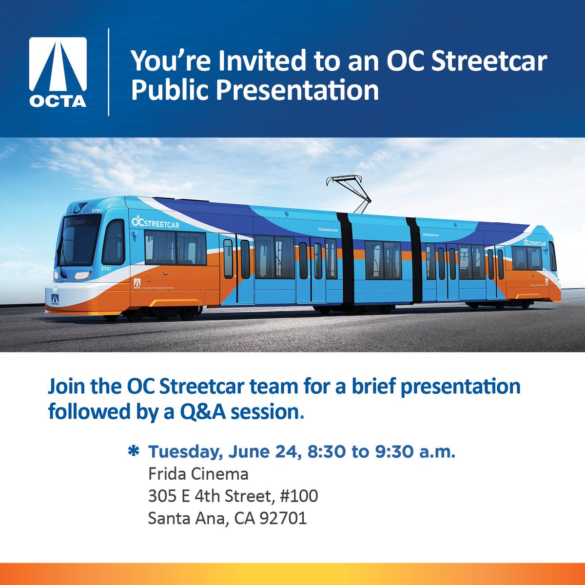 Join the OC Streetcar team for a public presentation on the next major construction activities, the testing phase and tips on how to keep yourself and your community safe. A brief presentation will be followed by a Q&amp;A session.