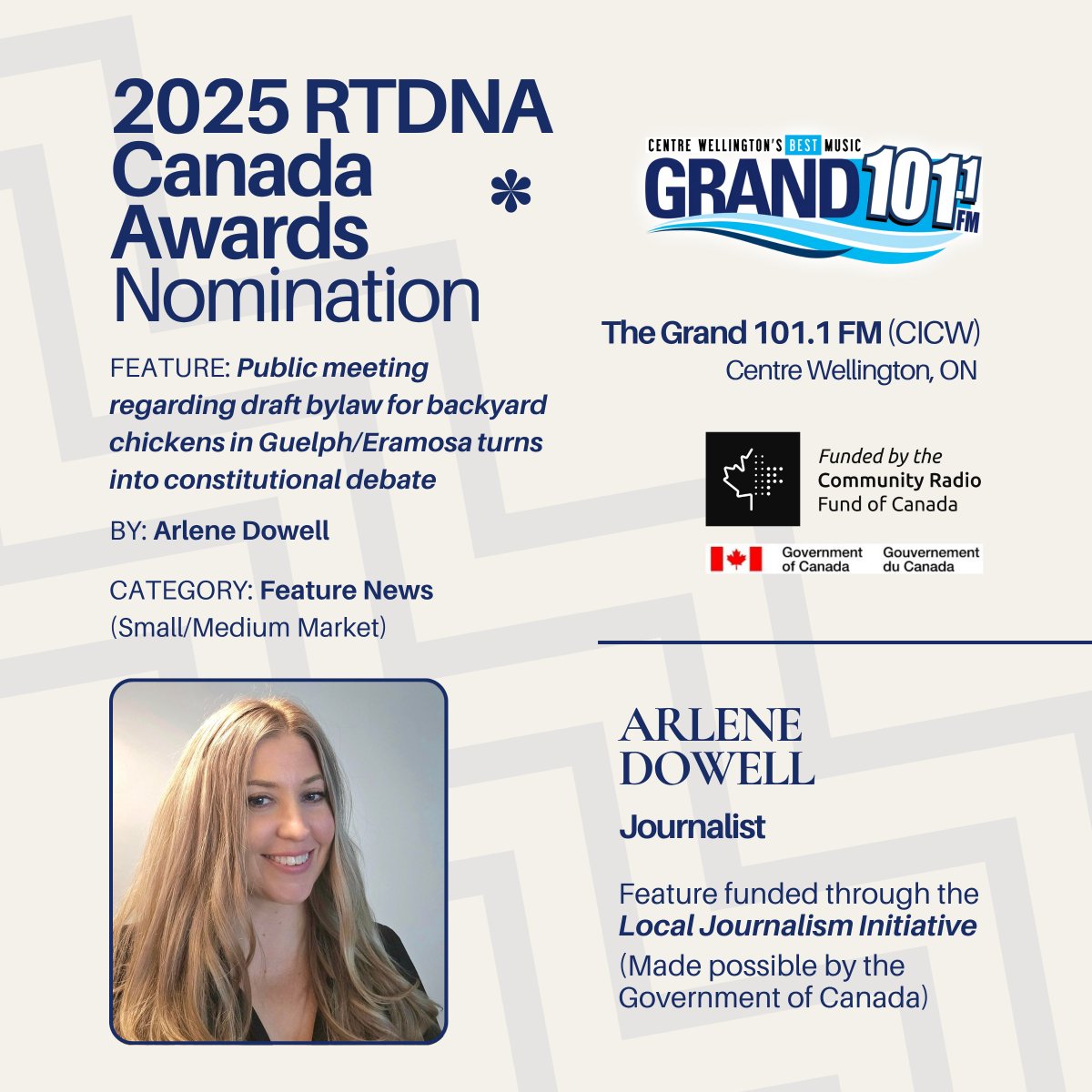 CRFC / FCRC (@crfcfcrc) on Twitter photo 👏 Congratulations to <a href="/TheGrand101FM/">The Grand 101.1FM</a> on its 2025 <a href="/RTDNA_Canada/">RTDNA_Canada</a> Awards nomination for a feature on a Guelph/Eramosa backyard chicken bylaw meeting that sparked debate (🔊shorturl.at/uOywz)!
🇨🇦 Funded by the Local Journalism Initiative via <a href="/CdnHeritage/">Canadian Heritage</a> & <a href="/s_guilbeault/">Steven Guilbeault</a>! #GC 👏 Congratulations to <a href="/TheGrand101FM/">The Grand 101.1FM</a> on its 2025 <a href="/RTDNA_Canada/">RTDNA_Canada</a> Awards nomination for a feature on a Guelph/Eramosa backyard chicken bylaw meeting that sparked debate (🔊shorturl.at/uOywz)!
🇨🇦 Funded by the Local Journalism Initiative via <a href="/CdnHeritage/">Canadian Heritage</a> & <a href="/s_guilbeault/">Steven Guilbeault</a>! #GC