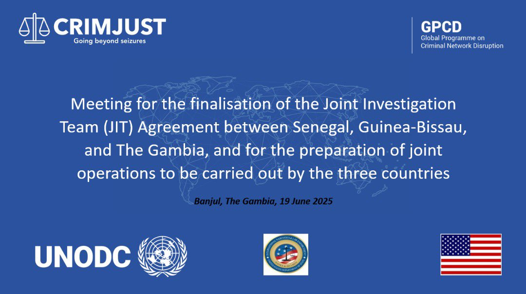 CRIMJUST_UNODC's tweet image. In the face of criminal networks, cooperation is not a choice but an obligation!
📍Banjul GPCD-CRIMJUST🇺🇳, with @StateINL support, convened a pre-ops meeting with OCRTIS 🇸🇳, DLEAG 🇬🇲 & Guinea-Bissau’s Judicial Police 🇬🇼 to plan joint investigations against drug trafficking💊.