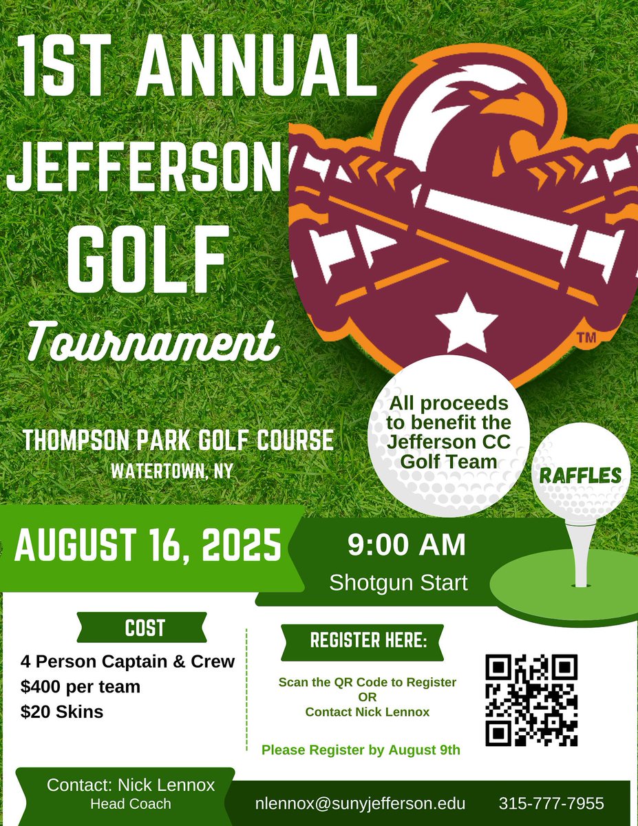 SUNY Jefferson Athletics (@cannoneers) on Twitter photo Support Cannoneer Golf in the 1st Annual Jefferson Golf Tournament on August 16th!
Scan the QR code to register OR contact Head Coach Nick Lennox! All proceeds benefit the Jefferson Golf Team
✉️: nlennox@sunyjefferson.edu Support Cannoneer Golf in the 1st Annual Jefferson Golf Tournament on August 16th!
Scan the QR code to register OR contact Head Coach Nick Lennox! All proceeds benefit the Jefferson Golf Team
✉️: nlennox@sunyjefferson.edu