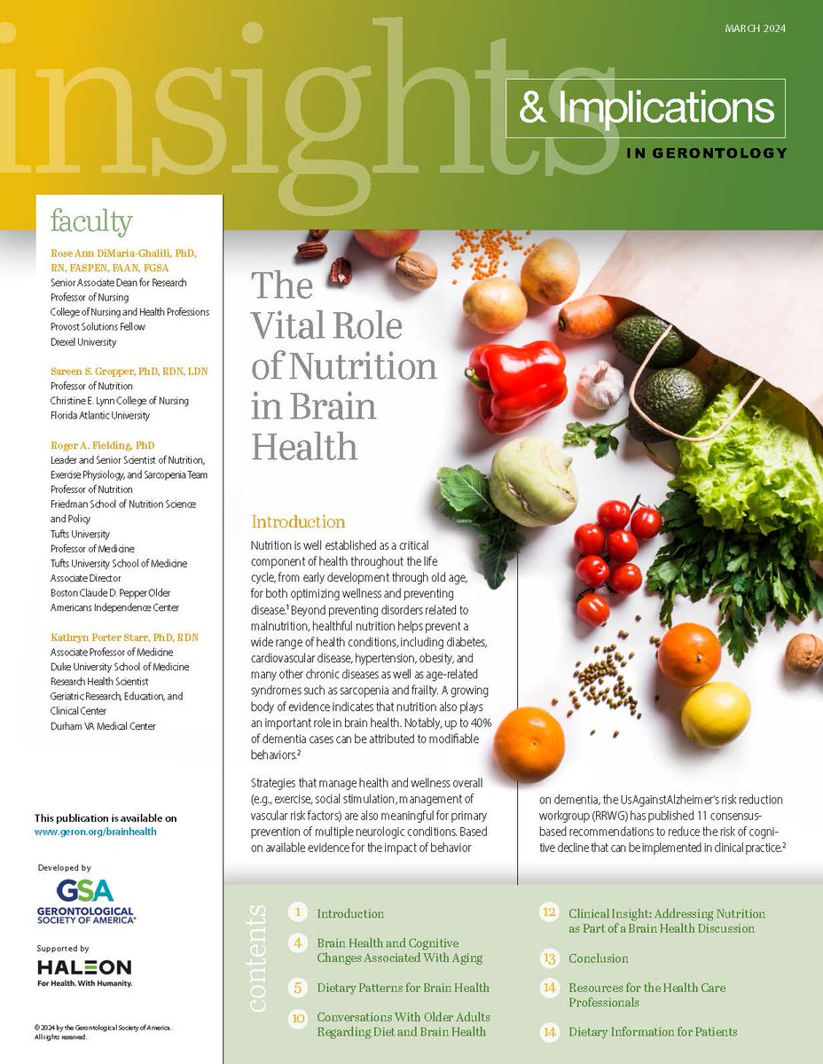 Learn how nutritional choices improve cognition &amp; decrease risk of cognitive impairment and dementia in older adults in GSA Insights &amp; Implications in Gerontology: The Vital Role of Nutrition in Brain Health. Supported by <a href="/Haleon_health/">Haleon</a> gsaenrich.geron.org/brain-health-p… #endalz #KAERbrain