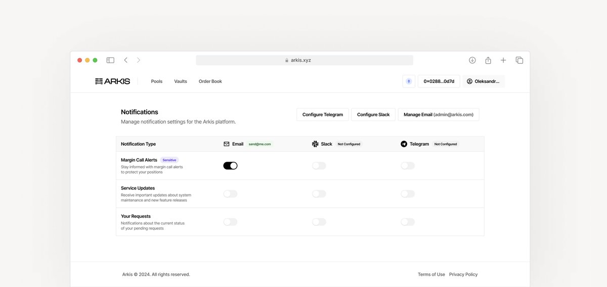 ArkisXYZ's tweet image. Margin calls aren’t the end of the world—unless you miss them.
Arkis keeps you in control with real-time alerts and direct communication:
• Auto alerts when risk shifts
• Live updates via Telegram/Slack
• Emergency phone calls if needed
You’ll always know before it’s too…