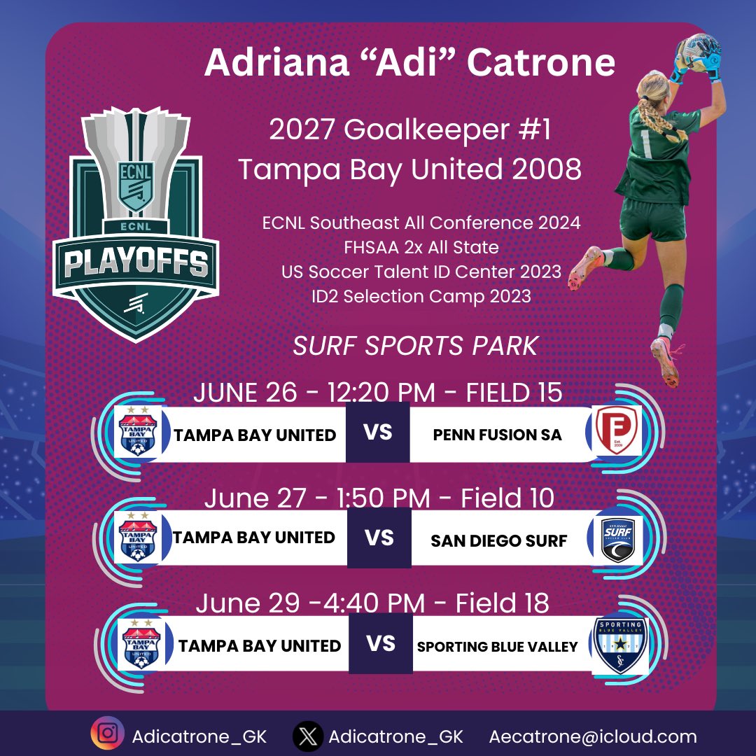 Adriana “Adi” Catrone | 2027 ECNL Goalkeeper (@adicatrone_gk) on Twitter photo ECNL Playoffs 🏄♀️ 🌊 🧤 See you there!
#2027GK <a href="/tbusoccer/">Tampa Bay United SC</a> <a href="/TBU_GK/">Tampa Bay United Goalkeeping</a> <a href="/ECNLgirls/">ECNL Girls</a> <a href="/ImYouthSoccer/">ECNL/GA/Recruiting/College Soccer</a> <a href="/WestCoastGK/">West Coast GK</a> <a href="/ugkalliance/">@unitedgkalliance</a> <a href="/UnitedCoaches/">United Soccer Coaches</a> <a href="/TopDrawerSoccer/">TopDrawerSoccer</a> <a href="/PrepSoccer/">Prep Soccer ⚽️</a> <a href="/FHSAA/">FHSAA</a>
#californiadreamin
#classof2027
#goalkeeper ECNL Playoffs 🏄♀️ 🌊 🧤 See you there!
#2027GK <a href="/tbusoccer/">Tampa Bay United SC</a> <a href="/TBU_GK/">Tampa Bay United Goalkeeping</a> <a href="/ECNLgirls/">ECNL Girls</a> <a href="/ImYouthSoccer/">ECNL/GA/Recruiting/College Soccer</a> <a href="/WestCoastGK/">West Coast GK</a> <a href="/ugkalliance/">@unitedgkalliance</a> <a href="/UnitedCoaches/">United Soccer Coaches</a> <a href="/TopDrawerSoccer/">TopDrawerSoccer</a> <a href="/PrepSoccer/">Prep Soccer ⚽️</a> <a href="/FHSAA/">FHSAA</a>
#californiadreamin
#classof2027
#goalkeeper