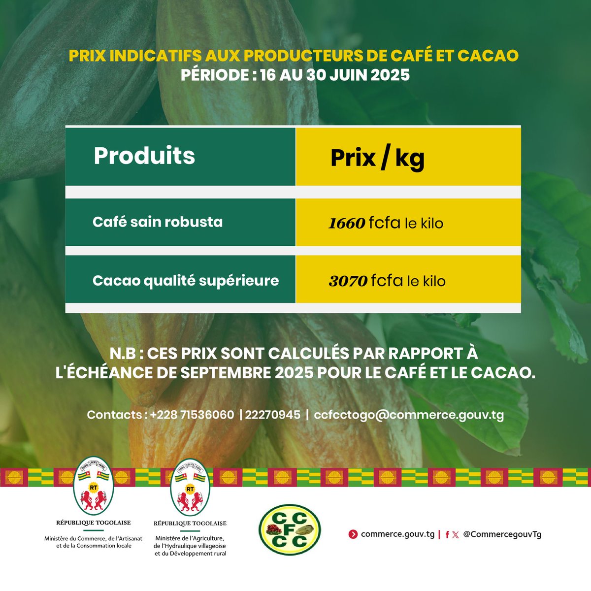 #Denyigban
#Togo🇹🇬
#CCFCCTg

🎯 Retrouvez sur le visuel, les prix indicatifs aux producteurs de café et cacao pour la période du 16 au 30 juin 2025.

📈📉 Ces prix sont calculés relativement à l'échéance de septembre 2025 pour le café et le cacao.