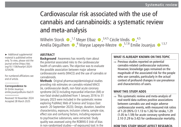 CVD risk associated with the use of cannabis &amp; cannabinoids: a systematic review and meta-analysis

heart.bmj.com/content/heartj…