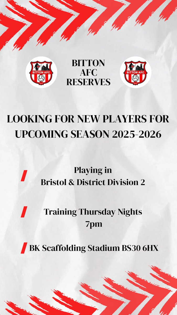 Looking for players to improve our squad and help us push on in 2025/2026 ⚽️

If your interested in coming along please get in contact through our socials or call or message Lewis on 07308 628823, or Hadyn on 07722464220 

#UPTHETON🔴⚪️🔴⚪️