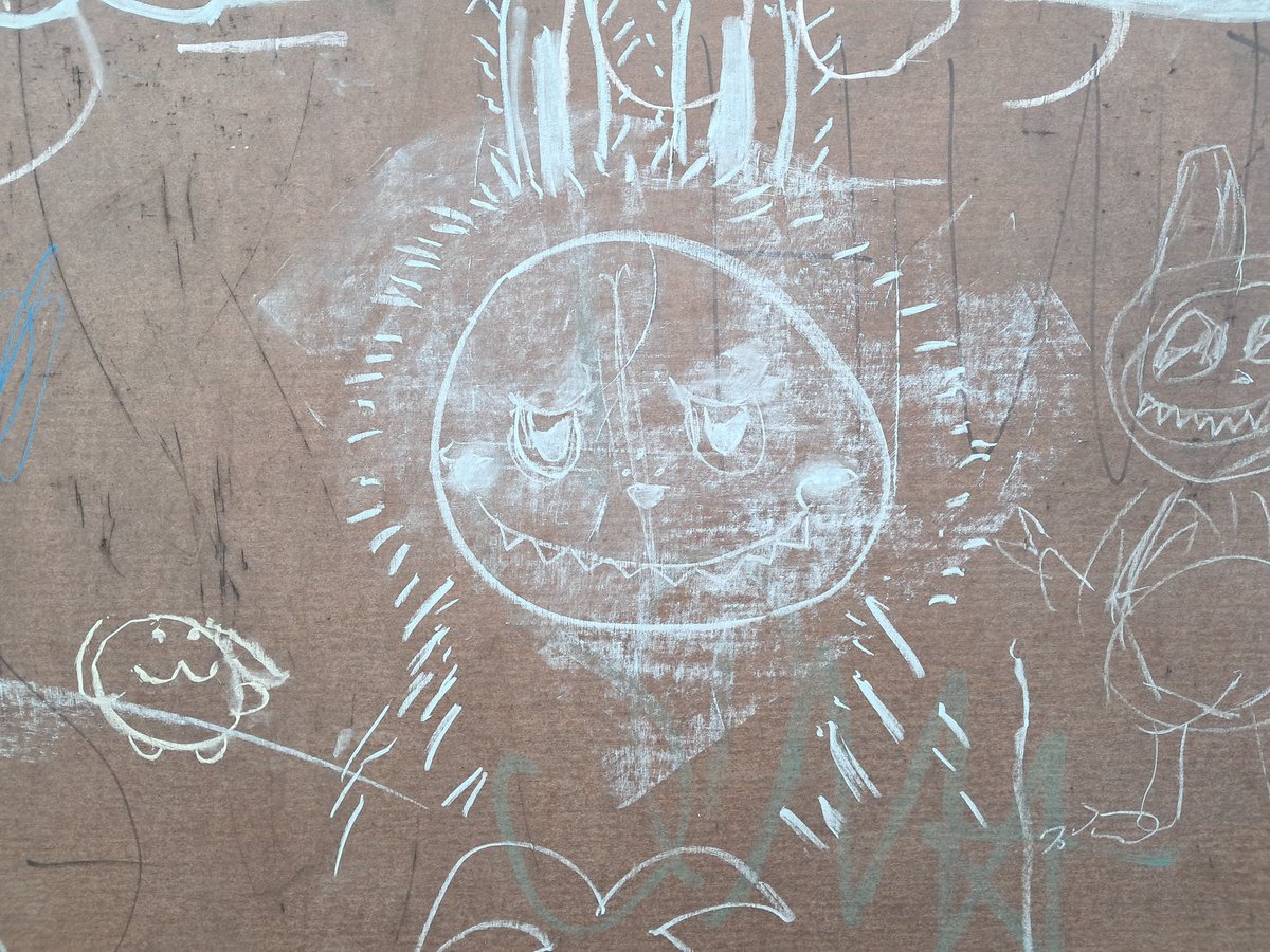 dechiikawaified hachiware + a labubu on a public chalkboard