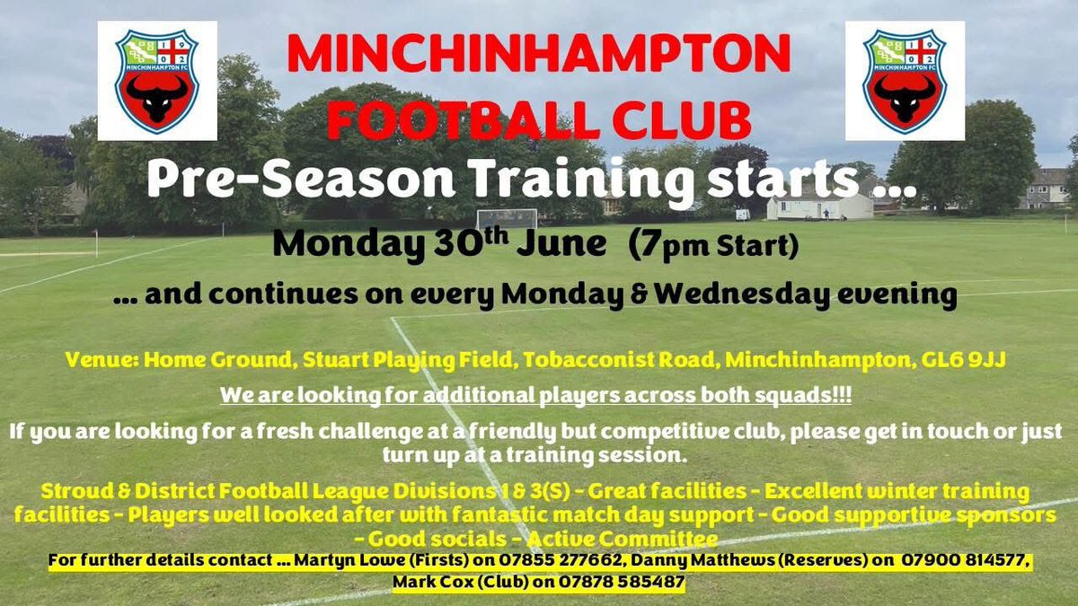 Minchinhampton FC (@fcminch) on Twitter photo COMING SOON TO THE SPF|
Pre season training gets underway for the new season on Monday 30th June @ Stuart playing fields, 7pm start!
Always on the look out for players to bolster both squads so if you fancy a change come along and see what the club is about ๐๐ป
#preseason #UTM COMING SOON TO THE SPF|
Pre season training gets underway for the new season on Monday 30th June @ Stuart playing fields, 7pm start!
Always on the look out for players to bolster both squads so if you fancy a change come along and see what the club is about ๐๐ป
#preseason #UTM