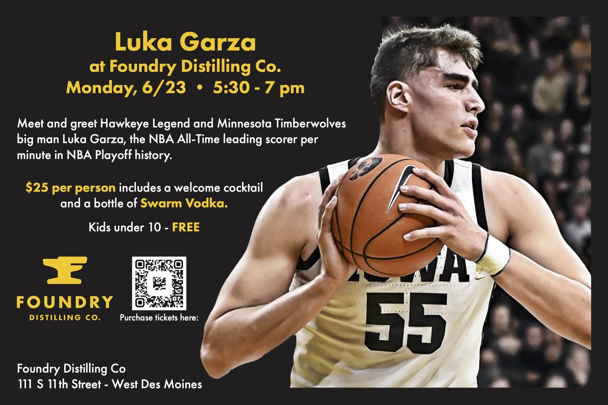 Please join us at the distillery Monday night from 5:30-7 pm to meet Hawkeye legend Luka Garza.

Luka will be signing autographs, taking photos and just chatting with fans.

Tickets include a welcome cocktail and a bottle of Swarm Vodka  - square.link/u/oSPdjGHz
