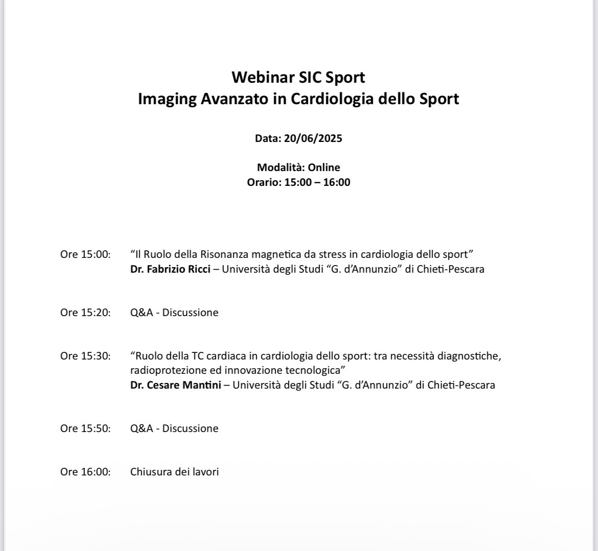 Domani Venerdì 20 Giugno 2025 ci sarà l’incontro Regionale SIC SPORT sezione Abruzzo/Molise in webinar dal titolo “Imaging Avanzato in Cardiologia dello Sport” dalle ore 15 alle ore 16.

Link webinar:
us06web.zoom.us/j/86724395134?…
 
ID riunione: 867 2439 5134
Codice d’accesso: 434404