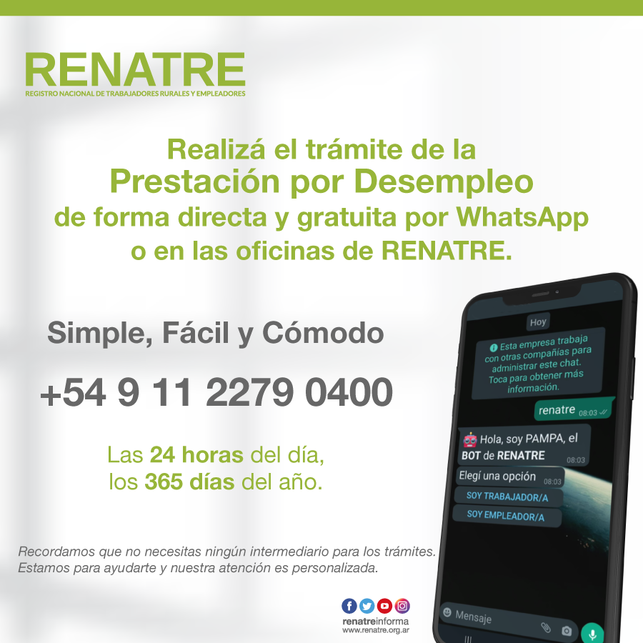 Ahora podés solicitar la prestación por desempleo a través de WhatsApp, ingresando desde tu celular al +54 9 11 2279 0400 de forma rápida y fácil! Te recordamos que no necesitas ningún intermediario para los trámites.
#Prestaciones #TrabajadorRural