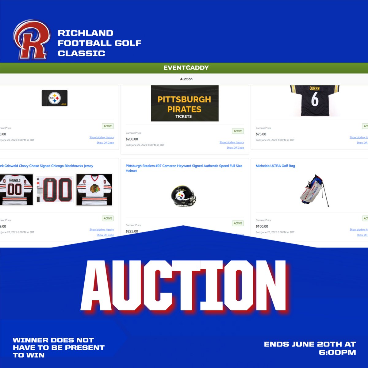Please bid on one of our auction items to raise money for the Richland Football program.  The auction ends on Friday, June 20th at 6pm. 

bit.ly/2025golfauction