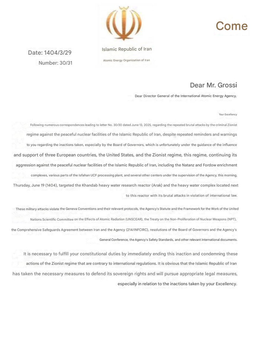 MyLordBebo's tweet photo. 🇮🇷🇮🇱‼️🚨 Iran threatens to sue Rafael Mariano Grossi, IAEA Director General!
Iran: “It is necessary to fulfill your constitutional duties by immediately ending this inaction and condemning these actions of the Zionist regime that are contrary to international regulations.
It is obvious that the Islamic Republic of Iran has taken the necessary measures to defend its sovereign rights and will pursue appropriate legal measures, especially in relation to the inactions taken by your Excellency.”
1/