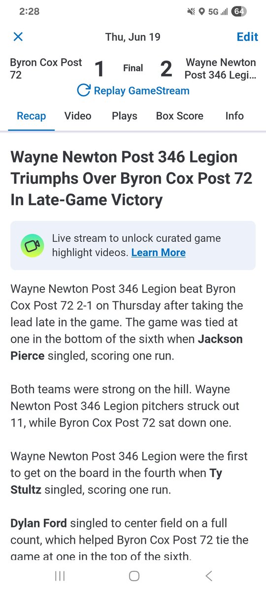 Game 1:  <a href="/Post346/">Terre Haute Post 346 ⚾️</a> over <a href="/post72baseball/">Post 72 Baseball</a> in a tight game 2-1.