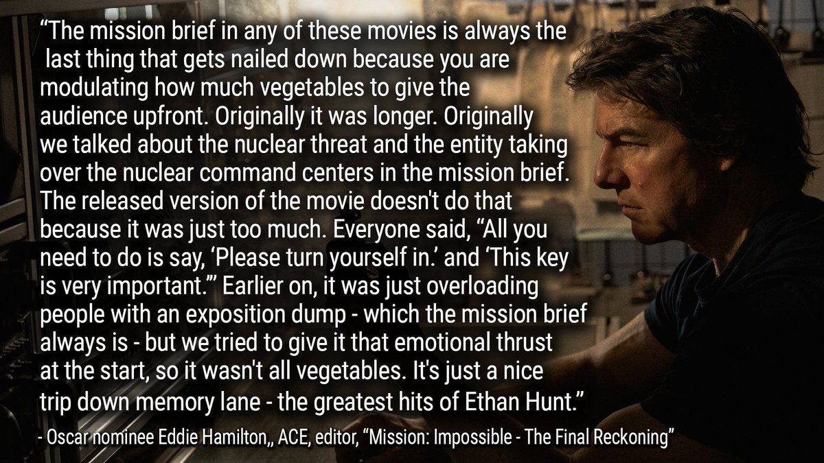 Oscar-nominee Eddie Hamilton, ACE, talks shop with Art of the Cut. The blog has lots of timeline screenshots. The podcast has his lovely Brit accent! Do both! (links in the replies)
<a href="/borisfx/">Boris FX</a> 
<a href="/Facilis/">Facilis Technology</a> 
<a href="/ACEFilmEditors/">AmericanCinemaEditor</a> 
<a href="/eddiehamilton/">Eddie Hamilton</a> 
#MissionImpossible
