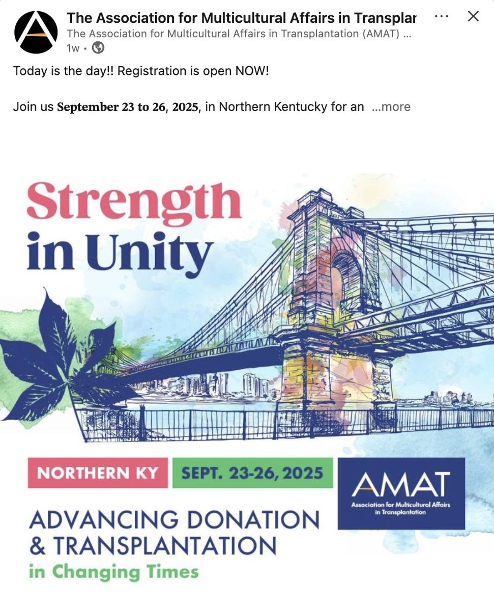 Bringing together donation and transplantation professionals from across the country to share, learn, and lead, building trust in 𝐦𝐮𝐥𝐭𝐢𝐜𝐮𝐥𝐭𝐮𝐫𝐚𝐥 𝐜𝐨𝐦𝐦𝐮𝐧𝐢𝐭𝐢𝐞𝐬, and promoting equal access to transplant.

Register here: lnkd.in/ew9dAyJp