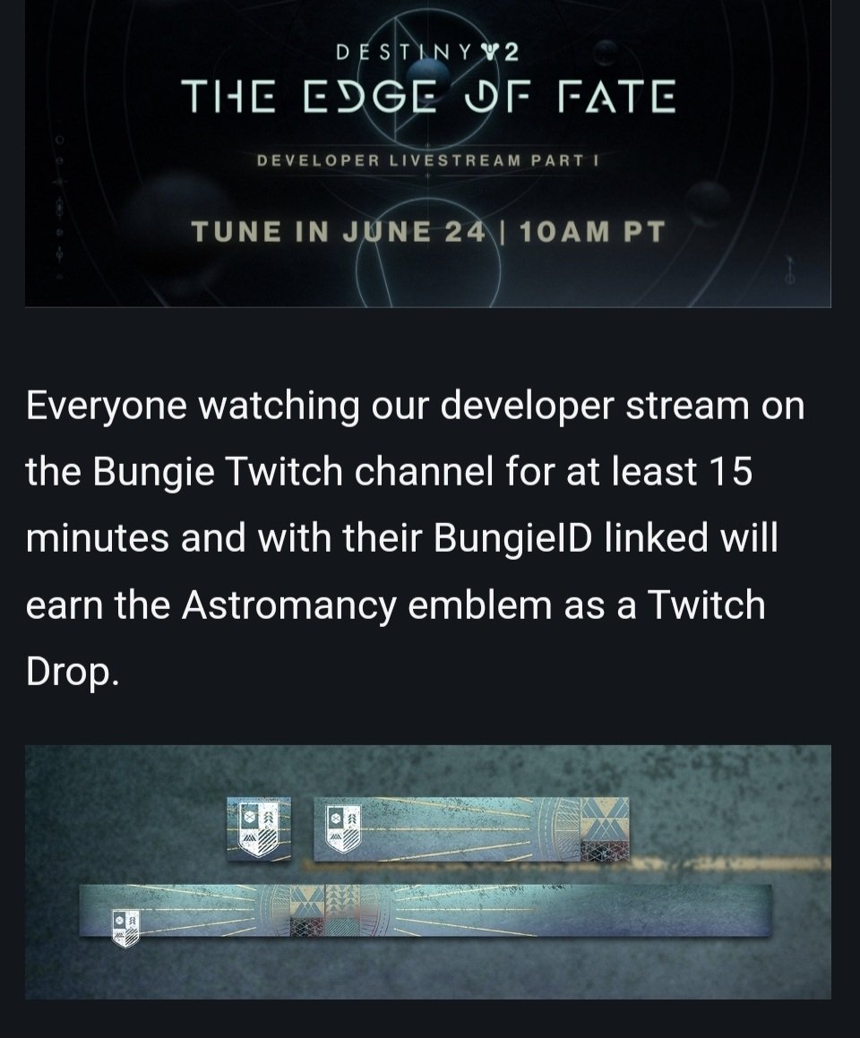 ❗️GET THIS FREE EMBLEM!❗️
Join Bungie on Tuesday, June 24 at 10 AM PT as they give an in-depth look at The Edge of Fate. The dev team is ready to share many details about Armor 3.0 and the new ability stat system, to show you some new weapons, and more!

<a href="/Bungie/">Bungie</a> <a href="/DestinyTheGame/">Destiny 2</a>