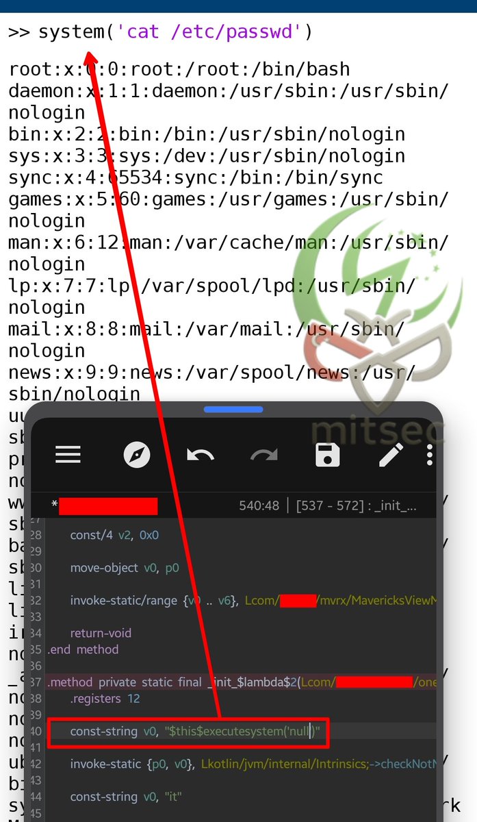 ynsmroztas's tweet image. In your Android Deep Dive research, search for "$this$executesystem('null')" for the const-string field in static code analysis, if it contains execute or system commands ('null '), it will probably be useful for remote command execution, you cannot even get this information with…