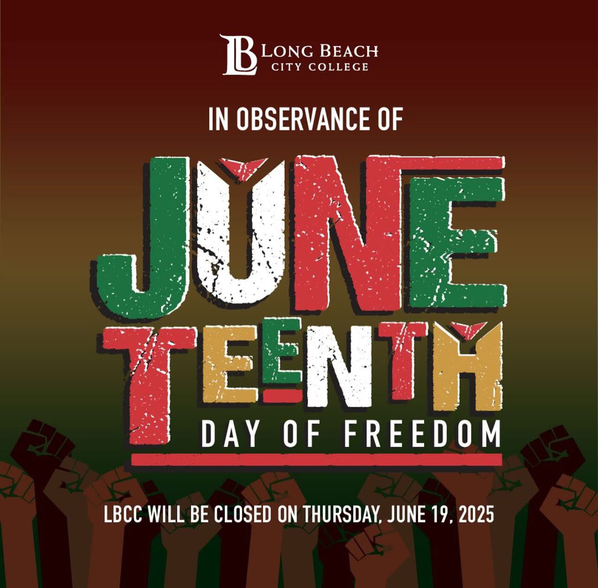 Uduak-Joe Ntuk 🇺🇸 (@trusteentuk) on Twitter photo In observance of Juneteenth, LBCC will be closed on Thursday, June 19, 2025. Let’s celebrate freedom and honor this important day in history! ✊🏿✊🏾✊🏽#LBCC #Juneteenth #DayOfFreedom #CelebrateFreedom <a href="/LBCityCollege/">LB City College</a> In observance of Juneteenth, LBCC will be closed on Thursday, June 19, 2025. Let’s celebrate freedom and honor this important day in history! ✊🏿✊🏾✊🏽#LBCC #Juneteenth #DayOfFreedom #CelebrateFreedom <a href="/LBCityCollege/">LB City College</a>