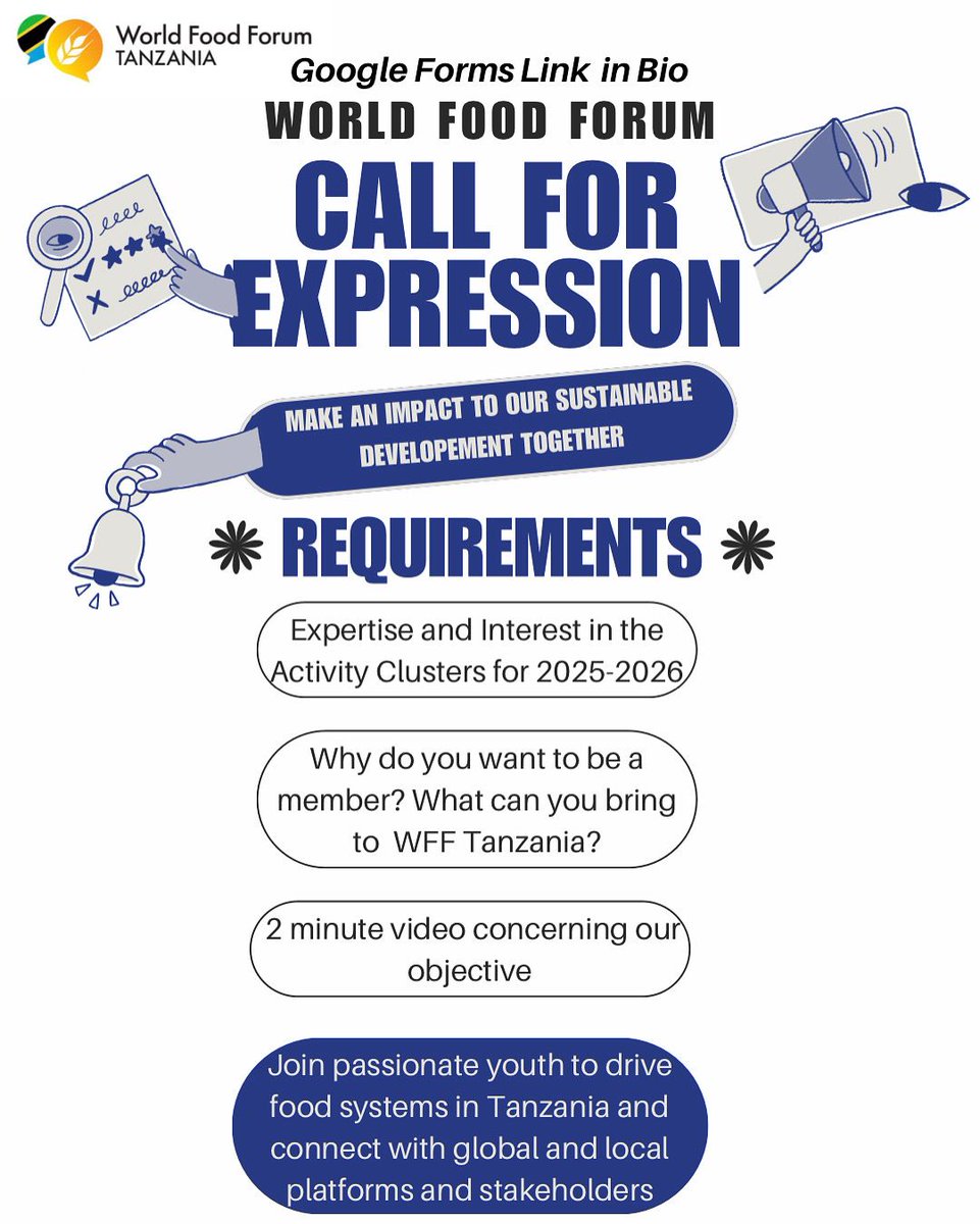 🚨 CALL FOR EXPRESSIONS: #WFFTanzania 🌱
Are you Passionate about food systems &amp; sustainable development?

Join <a href="/WFFTanzania/">World Food Forum Tanzania Chapter</a> 2025–2026 activity clusters!
🎥 Submit a 2-min video to apply 👉 Link in <a href="/WFFTanzania/">World Food Forum Tanzania Chapter</a> bio.

🇹🇿 Youth, this is your moment!

#TanzaniaYouth #FoodSystems