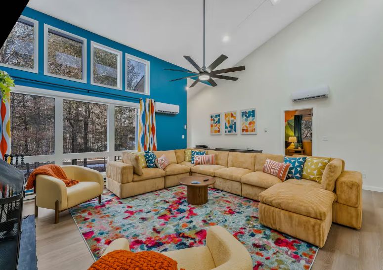 AdvntureCapital's tweet photo. 3,500 sq. ft. of pure guest appeal! 💥We added glow-in-the-dark mini-golf, a movie theater, and a game room with pool, ping pong &amp; air hockey.The grand living room? Skylights, fireplace &amp; soaring vibes. Backyard glow-up coming soon! 🌿
#AirbnbGoals #STRinvesting #GuestExperience https://t.co/GFc0Lbnodq