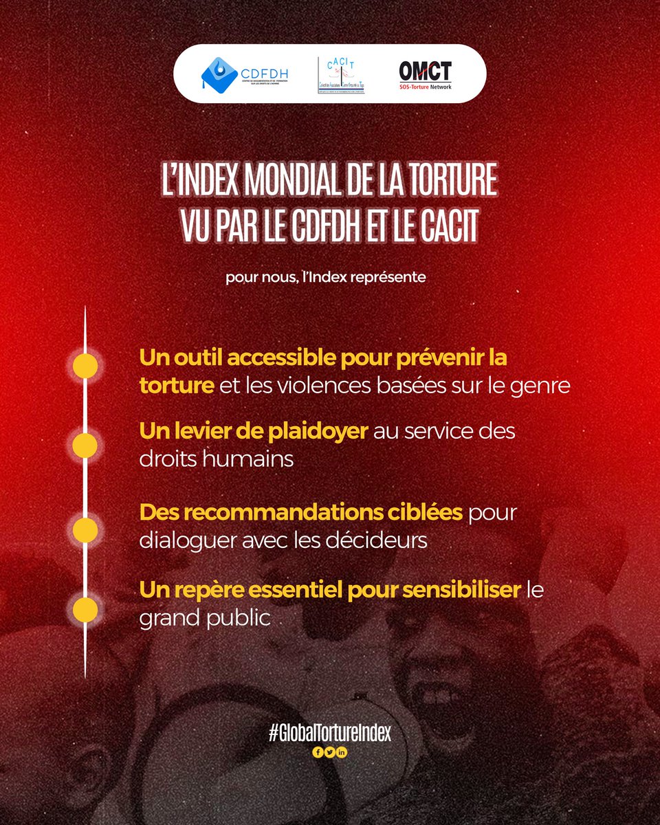 CDFDH_Togo (@cdfdht) on Twitter photo L’Index Mondial de la Torture est plus qu’un classement.
Pour le CDFDH et le <a href="/cacit_togo/">CACIT Togo</a>, c’est un levier pour prévenir la torture, outiller le plaidoyer et sensibiliser les décideurs au Togo.
📅 Demain, cap sur ce que dit l’Index de la torture au #Togo.
#GlobalTortureIndex L’Index Mondial de la Torture est plus qu’un classement.
Pour le CDFDH et le <a href="/cacit_togo/">CACIT Togo</a>, c’est un levier pour prévenir la torture, outiller le plaidoyer et sensibiliser les décideurs au Togo.
📅 Demain, cap sur ce que dit l’Index de la torture au #Togo.
#GlobalTortureIndex